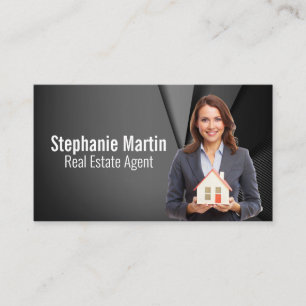 Business Woman Holding Model House Real Estate Business Card
