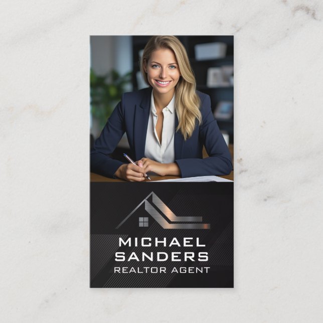 Business Woman in Office | Real Estate Agent Business Card (Front)