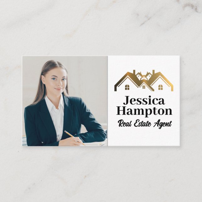 Business Woman Sitting | Real Estate Logo Business Card (Front)