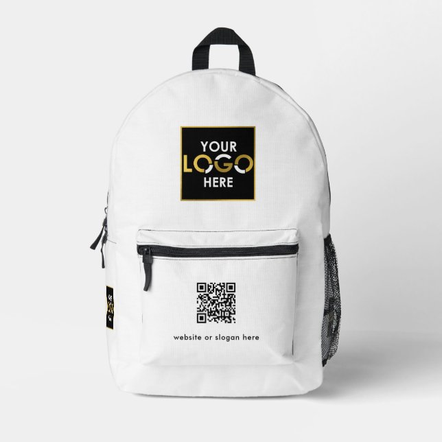 Business Your Logo QR Code Text Promotional White Printed Backpack (Front)