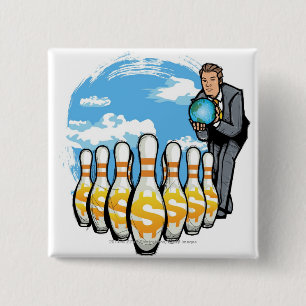 Businessman bowling a globe towards money pins