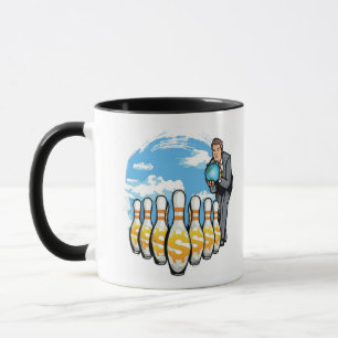 Businessman bowling a globe towards money pins mug