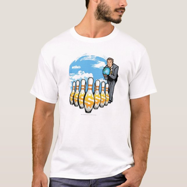 Businessman bowling a globe towards money pins T-Shirt (Front)