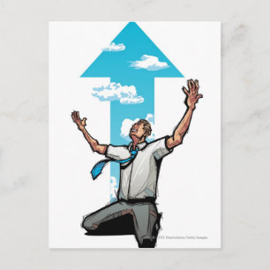 Businessman kneeling, arrow sign in the background postcard