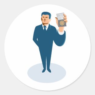 businessman secret agent showing id card badge wal classic round sticker