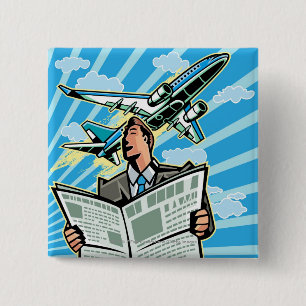 Businessman with newspaper and aeroplane above 15 cm square badge