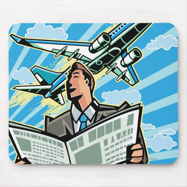 Businessman with newspaper and aeroplane above mouse pad (Front)