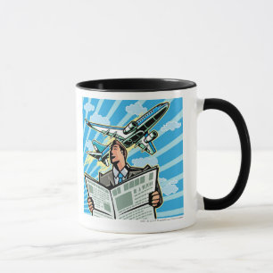 Businessman with newspaper and aeroplane above mug