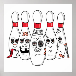 busted up injured bowling pins cartoon poster