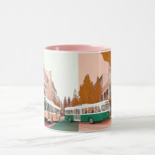 bustling city street with buses and buildings mug