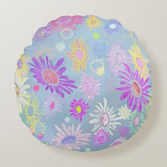Bustling Daisies Indoor/Outdoor Round Throw Pillow (Front)