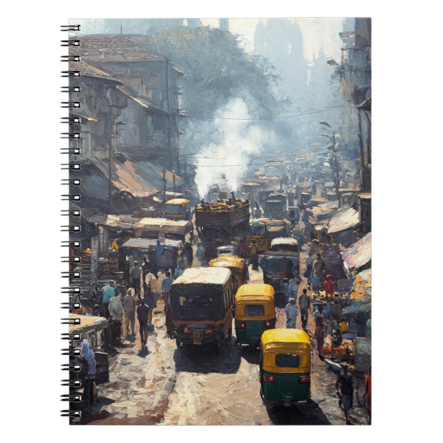 Bustling Street Market Rickshaw Scene Notebook (Front)