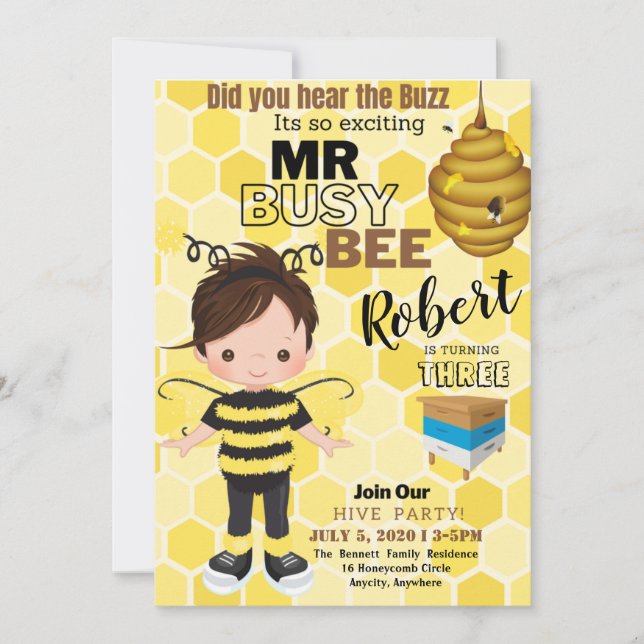 Busy Bee 1 Birthday Invitation Card (Front)