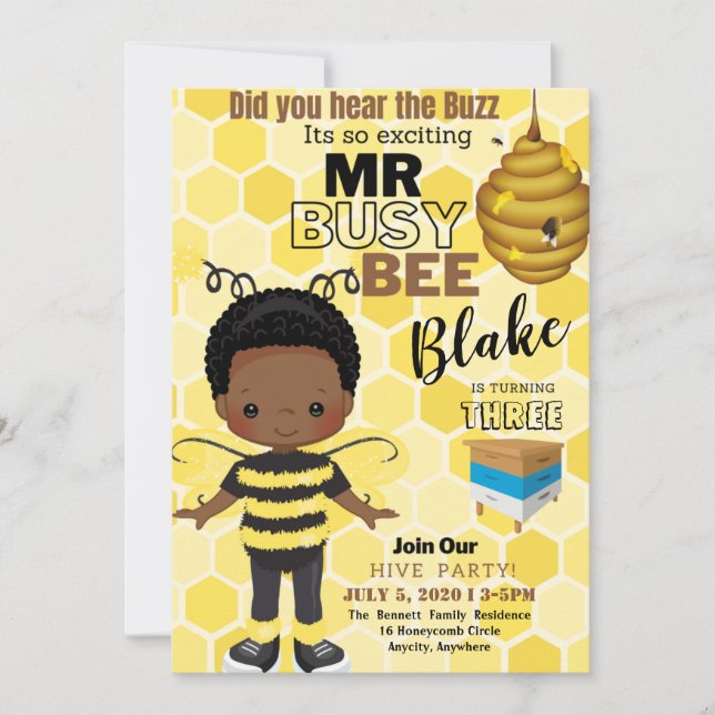 Busy Bee Birthday Invitation Card (Front)