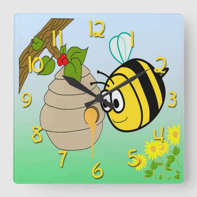 Busy Bee Cute Kid's Square Wall Clock (Front)