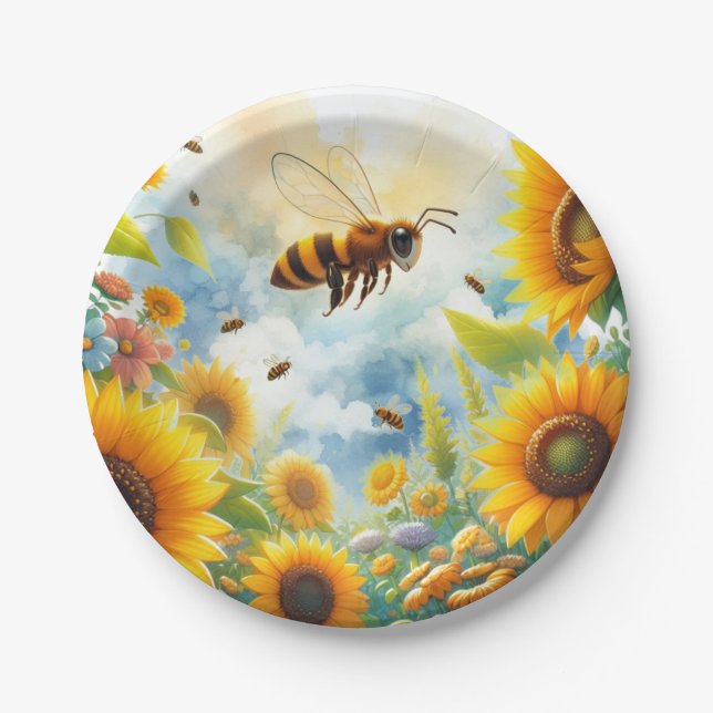 Busy Bee Sunflower Birthday Theme  Paper Plate (Front)