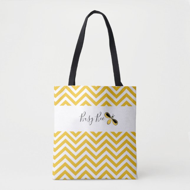 Busy Bee, Yellow and White Waves Shoulder Tote Bag (Front)