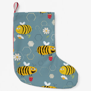 Busy bees buzzing around & pollinating flowers small christmas stocking
