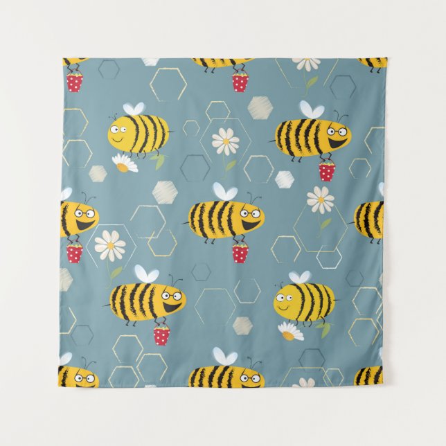 Busy bees buzzing around & pollinating flowers tapestry (Front)