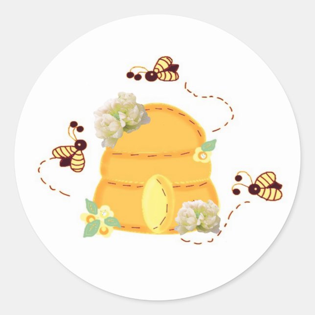 Busy Bees with Beehive Classic Round Sticker (Front)