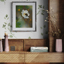 Busy Bumblebee Pollinating White Cosmos Flower