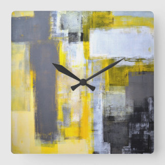'Busy, Busy' Gray and Yellow Abstract Art Square Wall Clock