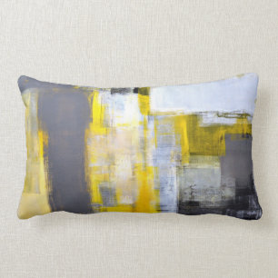 'Busy, Busy' Grey and Yellow Abstract Art Lumbar Cushion