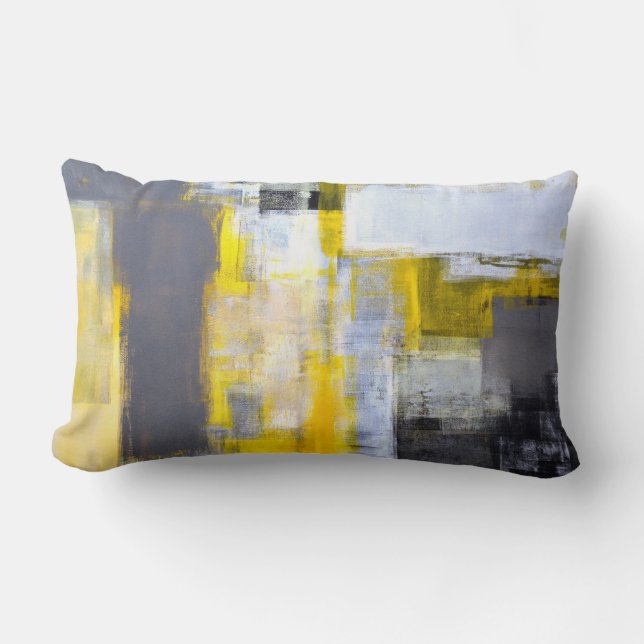 'Busy, Busy' Grey and Yellow Abstract Art Lumbar Cushion (Front)