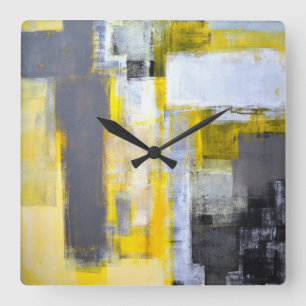 'Busy, Busy' Grey and Yellow Abstract Art Square Wall Clock