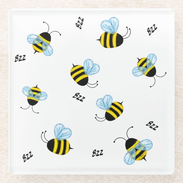 Busy Buzzing Bees Cute Honeybee Glass Coaster (Front)