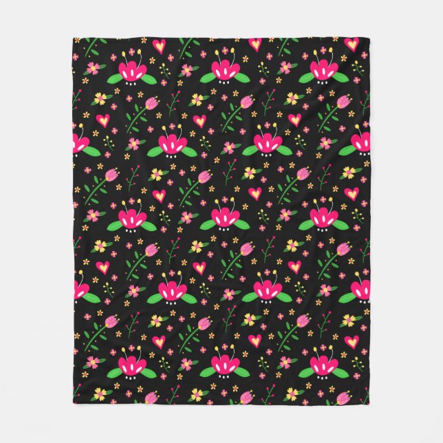 Busy Floral Pattern on Black Fleece Blanket (Front)