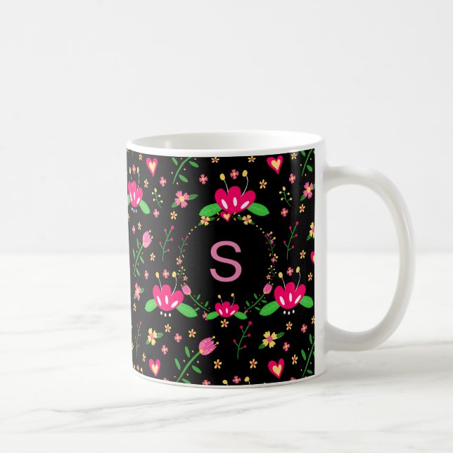 Busy Floral Pattern on Black Monogram Coffee Mug (Right)