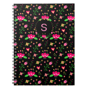 Busy Floral Pattern on Black Monogram Notebook