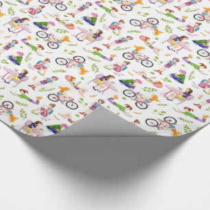 Busy Girls Watercolor Pattern Wrapping Paper