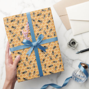 Busy Golden Honey Bees and Honeycomb Wrapping Paper