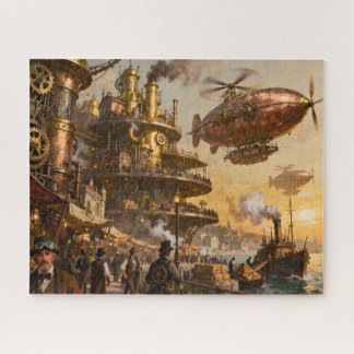 Busy Harbour in Steampunk City Jigsaw Puzzle