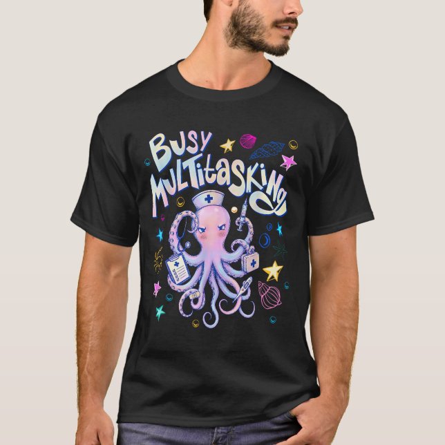 Busy multitasking octopus nursing beach summer T-Shirt (Front)