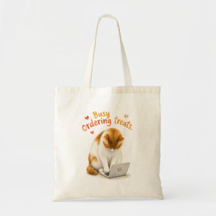 Busy Ordering Treats Funny Orange Cat on Laptop Tote Bag