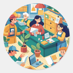 busy-post-office-with-people-sending-postcards classic round sticker