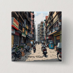 Busy Street of downtown Kolkata, India  15 Cm Square Badge