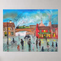 Busy street scene train Gordon Bruce art