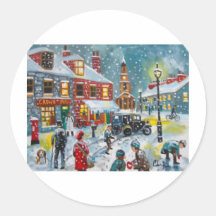 Busy street scene winter snow  Gordon Bruce art Classic Round Sticker