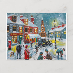 Busy street scene winter snow  Gordon Bruce art Postcard
