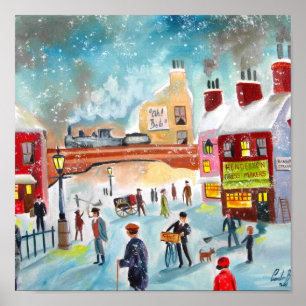 Busy street scene winter train oil painting art poster
