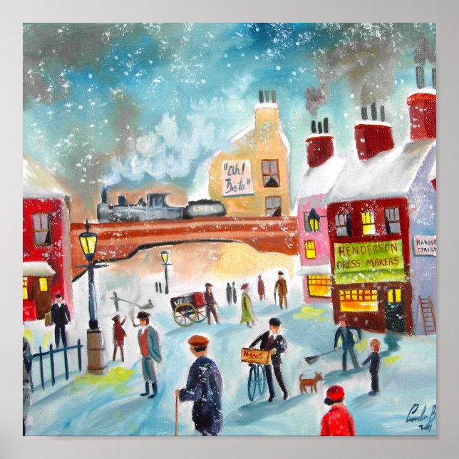 Busy street scene winter train oil painting art poster (Front)