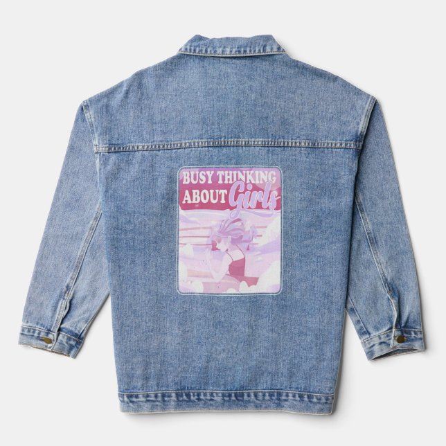 Busy Thinking About Girls Cute Pastel Lesbian  Denim Jacket (Back)