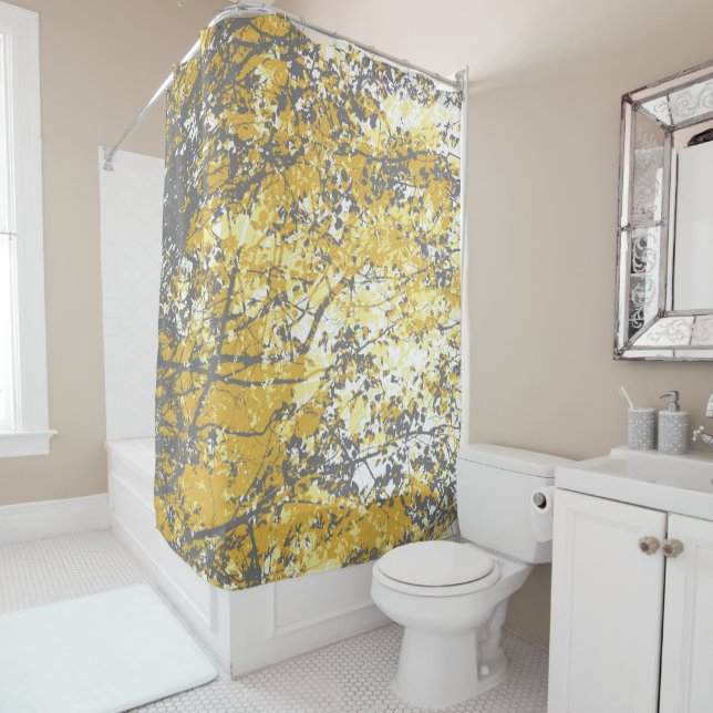 Busy Tree Branches and Leaves Grey Yellow White  Shower Curtain (In Situ)