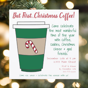 But First Christmas Coffee Cup Candy Cane Holiday Invitation