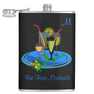 But First Cocktails Drink Quote Monogram Hip Flask