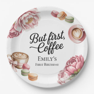 But First Coffee 1st Birthday Girl Pink Barista Paper Plate
